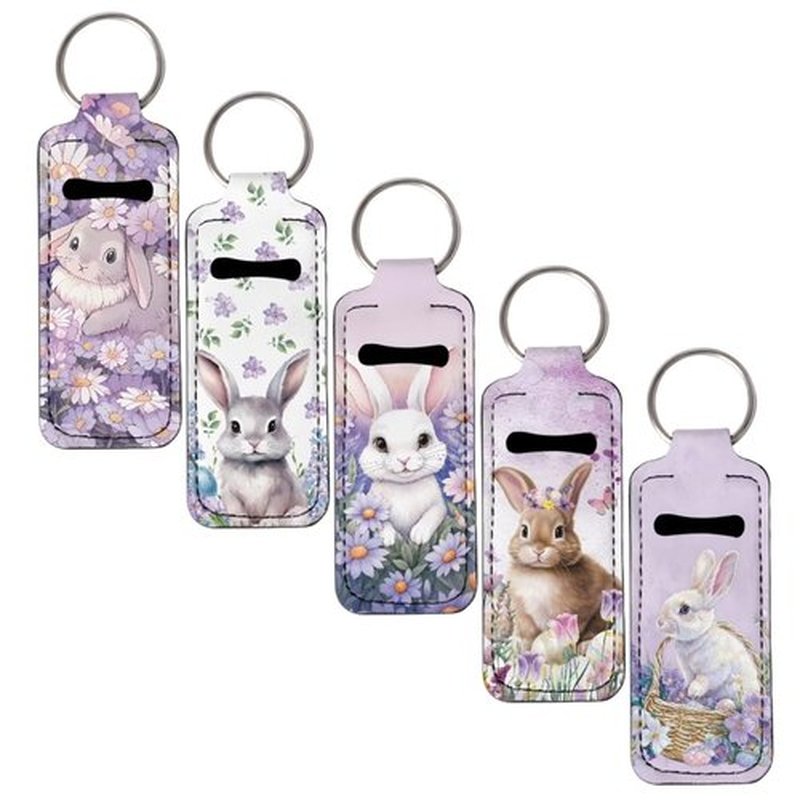 SEANATIVE Easter Bunny Lipstick Holder Keychain Neoprene Lip Balm Holder Portable Lip Gloss Keychain Pocket Keychain Clip-on Sleeve Chapstick Holder for Women Travel