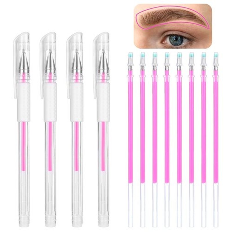 Eyebrow Microblading Marker Pen, 4 Pcs Brow Mapping Pens with with 8 Replacement Refills, Makeup Tattoo Skin Marker Pen, Brow Lamination Supplies for Eyebrow Lip Skin(Pink)