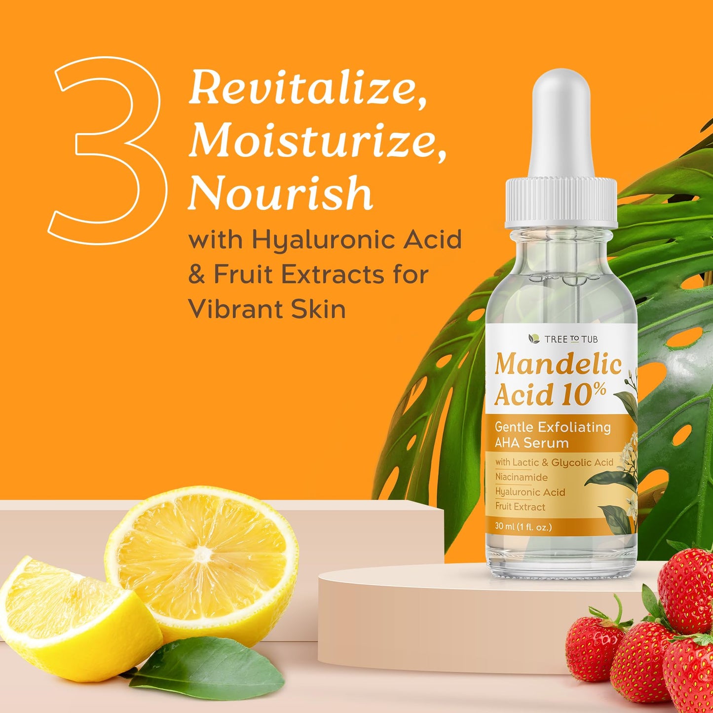 Tree To Tub Mandelic Acid Serum - 10% Gentle Exfoliating AHA Serum w/Lactic & Glycolic Acid for Smoother Skin - Hyaluronic Acid to Hydrate - Vegan Skincare for Men & Women