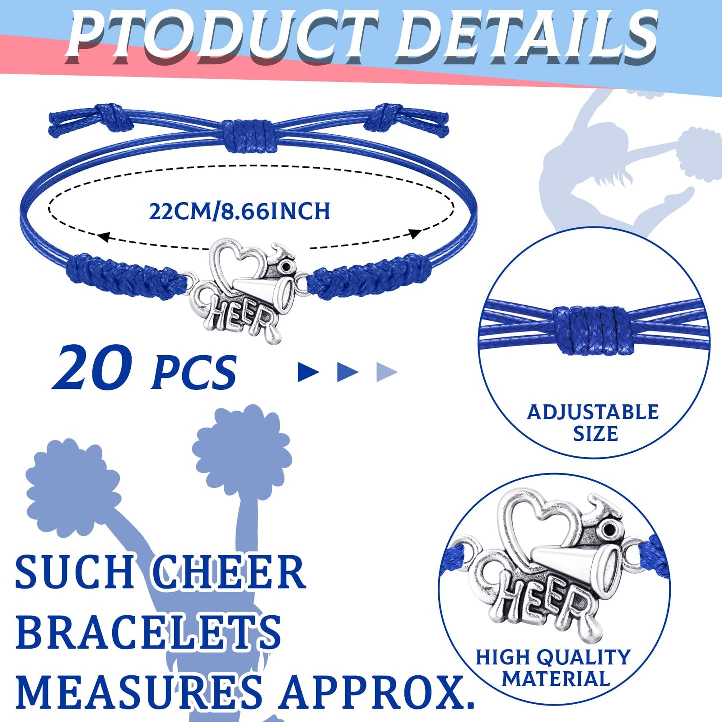 Rtteri 20 Pcs Cheerleader Gifts Cheer Bracelet Girls Charm Bracelet Adjustable Cheerleader Gifts For Cheer Team Jewelry Accessories Bulk(Blue)