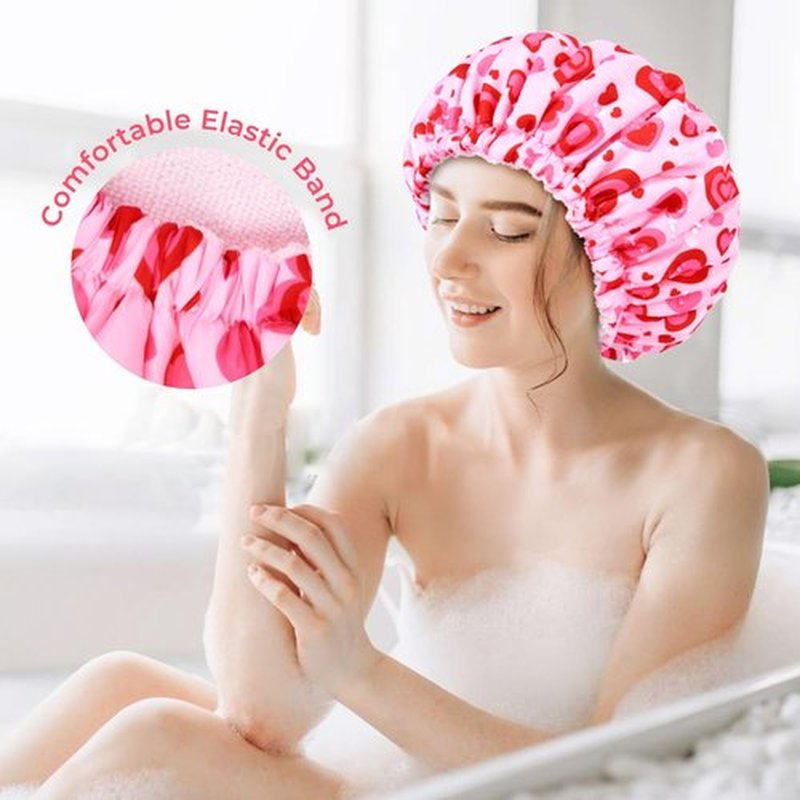 Shower Cap for Women Terry Lined Bath Cap Large Reusable Waterproof Elastic Band Pink Love Shower Caps for Long Thick Hair Soft Bath Shower Hair Caps