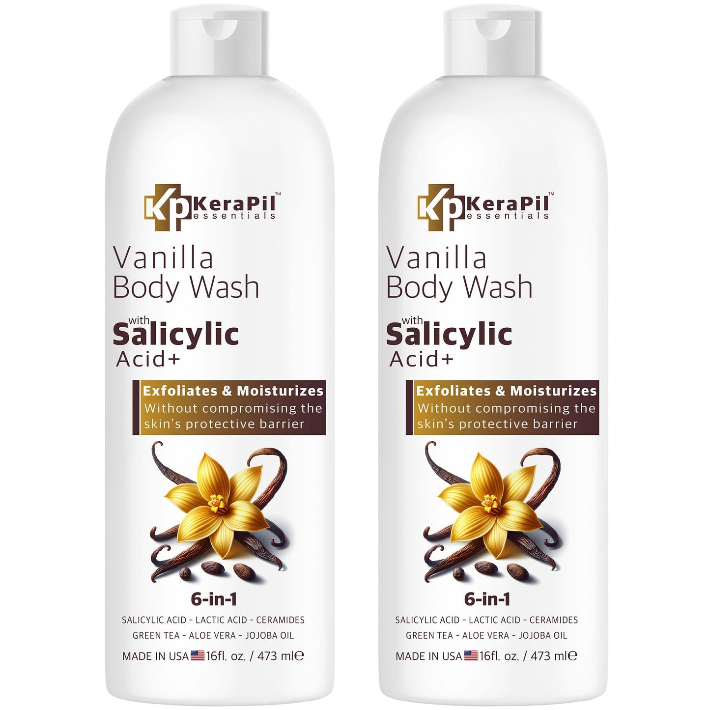 KERAPIL Vanilla Salicylic Acid Body Wash - Gentle Exfoliates Rough and Bumpy Skin, KP and Acne, With BHA & AHA - Made in USA - (16 fl oz x 2)