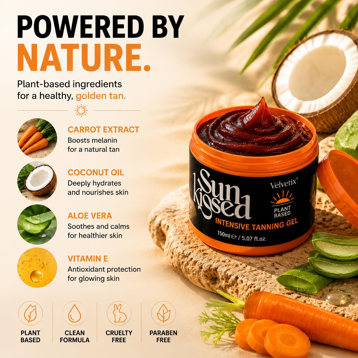 Velvetix Intensive Tanning Gel for Outdoor Sun, Fast Tanning Accelerator with Carrot Oil & Coconut Oil, Quick-Dry & Non-Greasy Sun Tanning Butter, Streak-Free Natural Bronze Glow, Vegan, 5 oz
