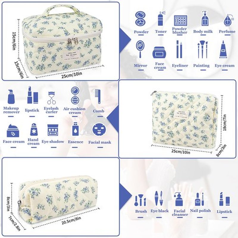 Makeup Bag Set, Quilted Makeup Bag, Large Floral Cosmetic Bag for Women, Cute Cotton Makeup Bags, Flower Travel Toiletry Organizer Bag (Blue Floer)