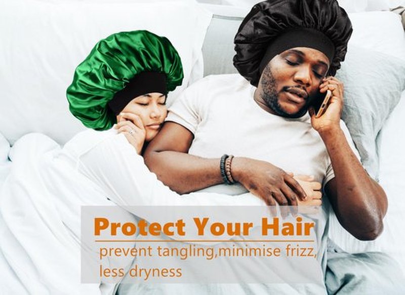 Bonnet for Men,Hair Bonnet for Sleeping,Double Layer Satin Bonnets for Black Women Curly Hair Braids,Reversible Sleep Cap (Large,Black/Green)