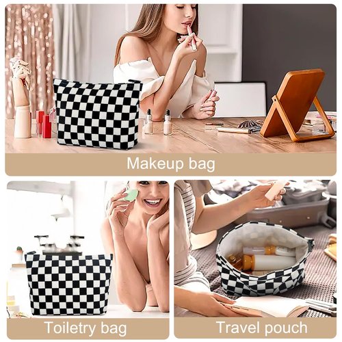 Wudimeitt Cosmetic bag Makeup bag Preppy Cute Corduroy Toiletry bag for women travel essentials (Plaid black)