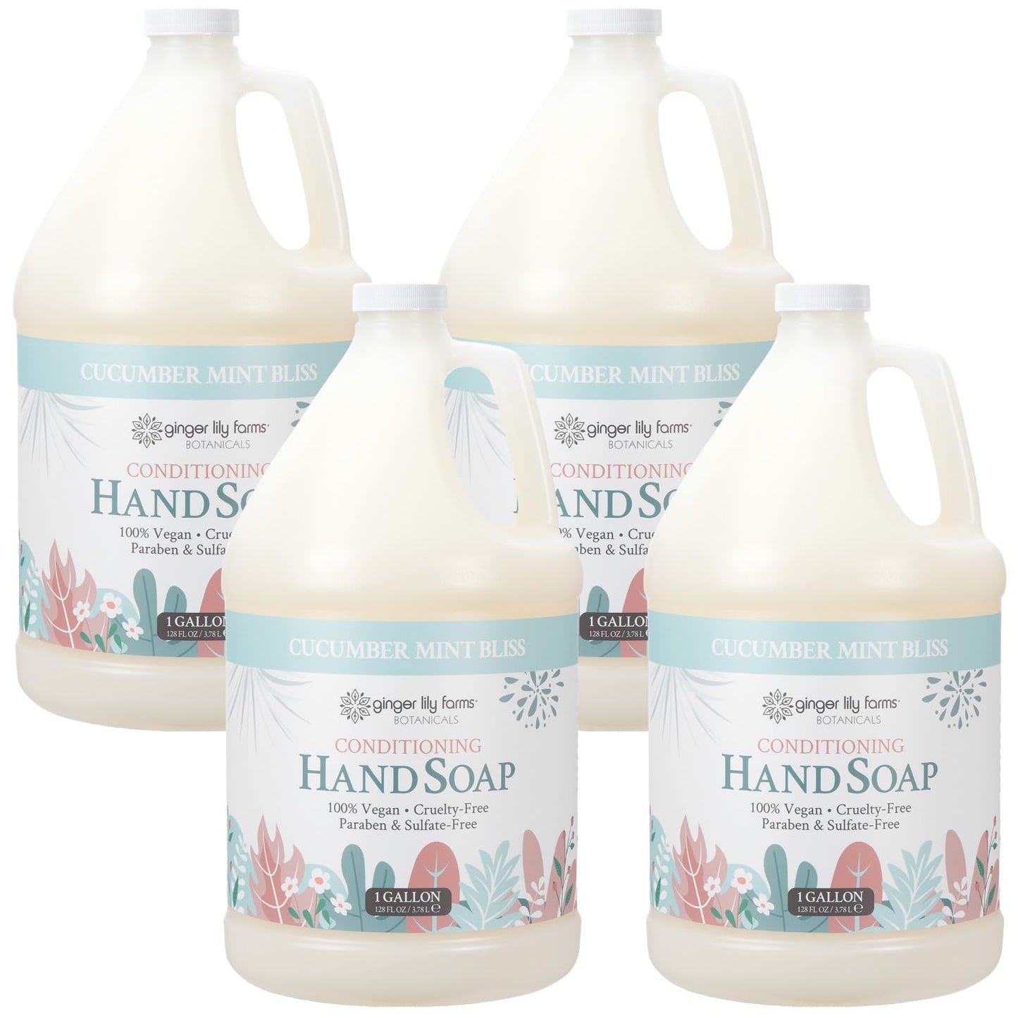 Ginger Lily Farms Botanicals Conditioning Liquid Hand Soap Refill, 100% Vegan & Cruelty-Free, Cucumber Mint Bliss Scent, 1 Gallon (Pack of 4)