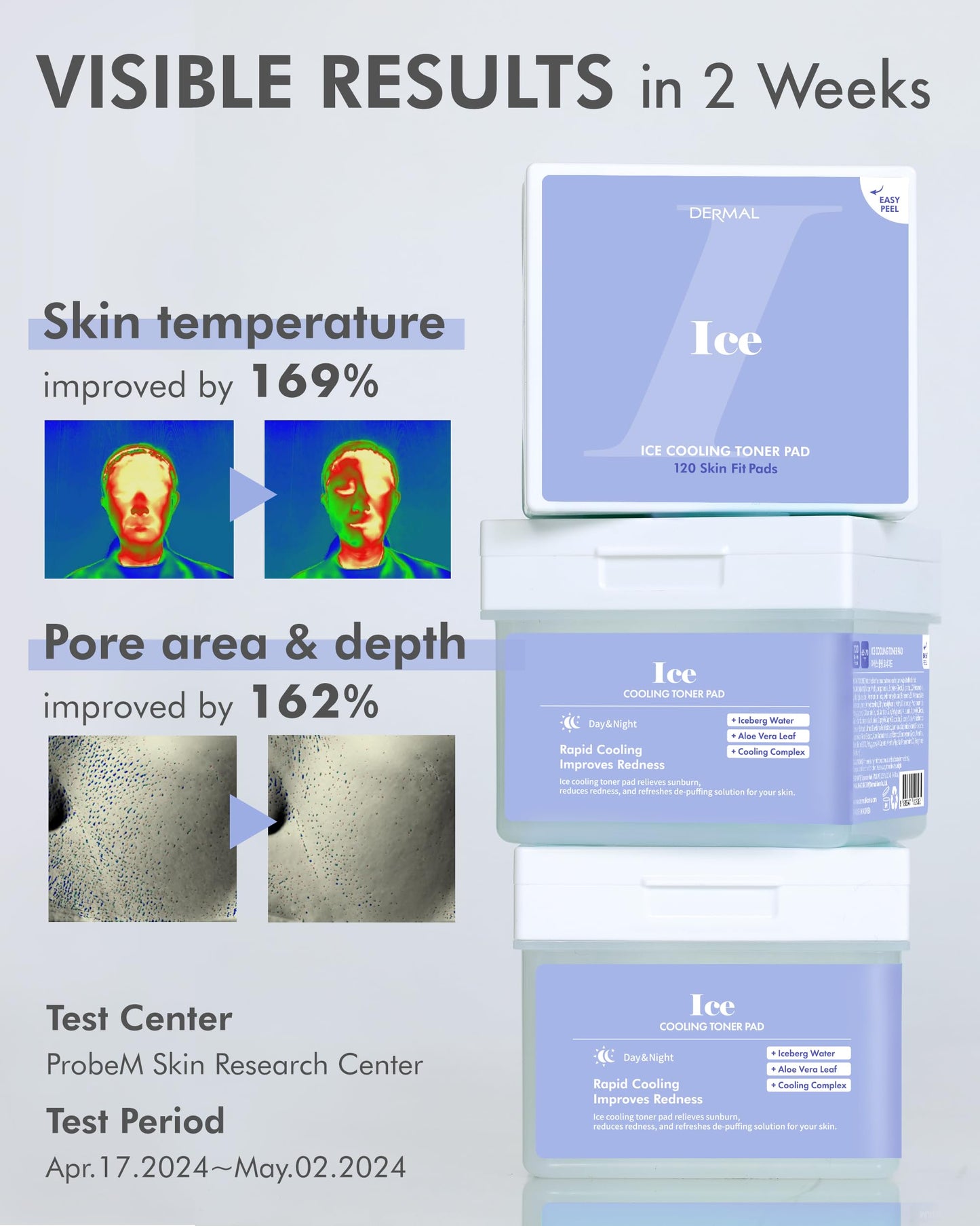 DERMAL Ice Cooling Toner Pads 120ct, Menthol Peppermint Aloe, with Tongs