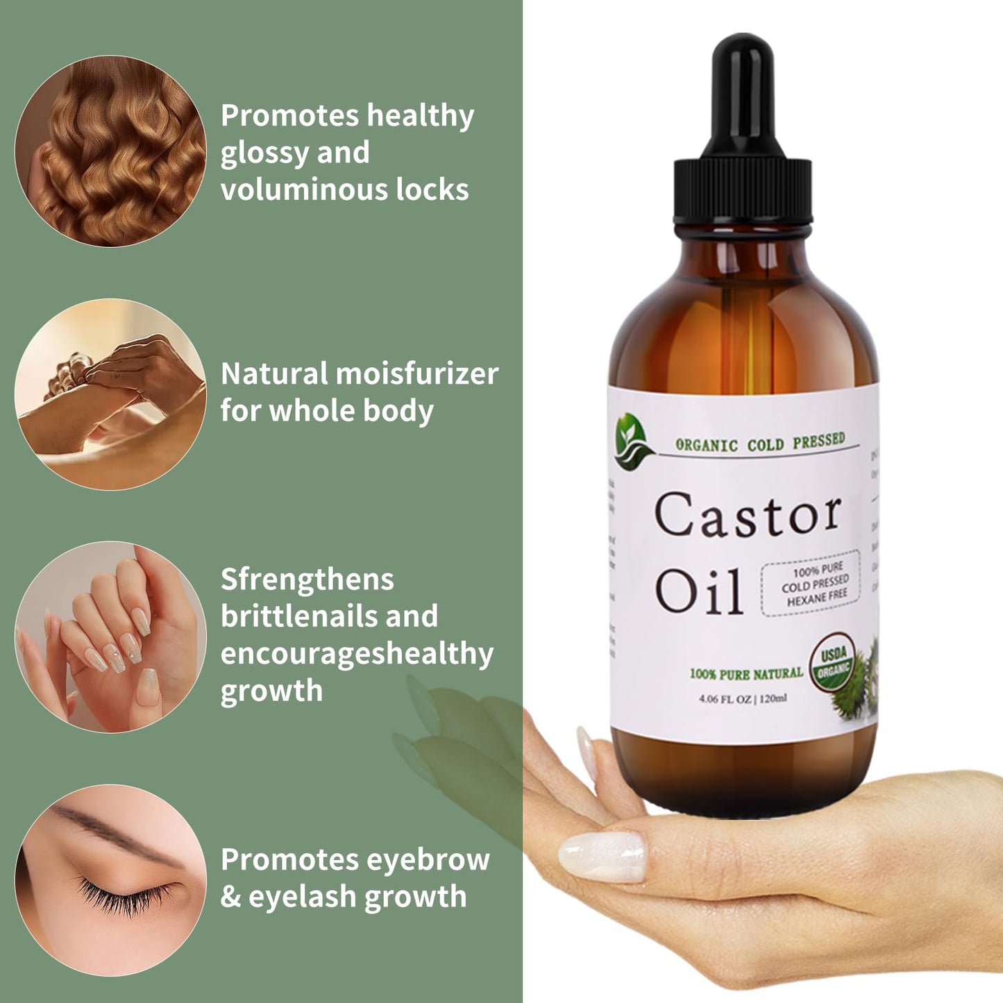 MAYLINK Castor Oil-Castor Oil Organic Cold Pressed Unrefined Glass Bottle-Organic USDA Certified100% Pure Castor Oil,Hexane Free,Organic Castor Oil for Face,Hair Growth,Eyelashes,Caster