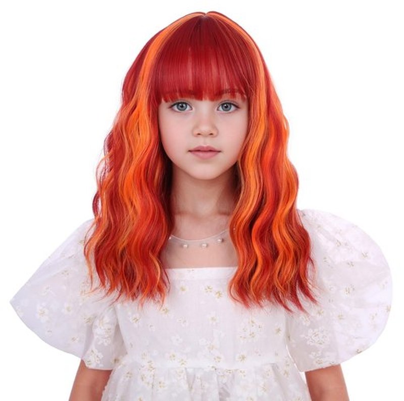 Edivd Orange Mixed Red Wig for Child Kids Short Orange Red Wig with Air Bangs Short Wavy Curly Flame Wig for Girls Heat Resistant Synthetic Wig with Wig Cap