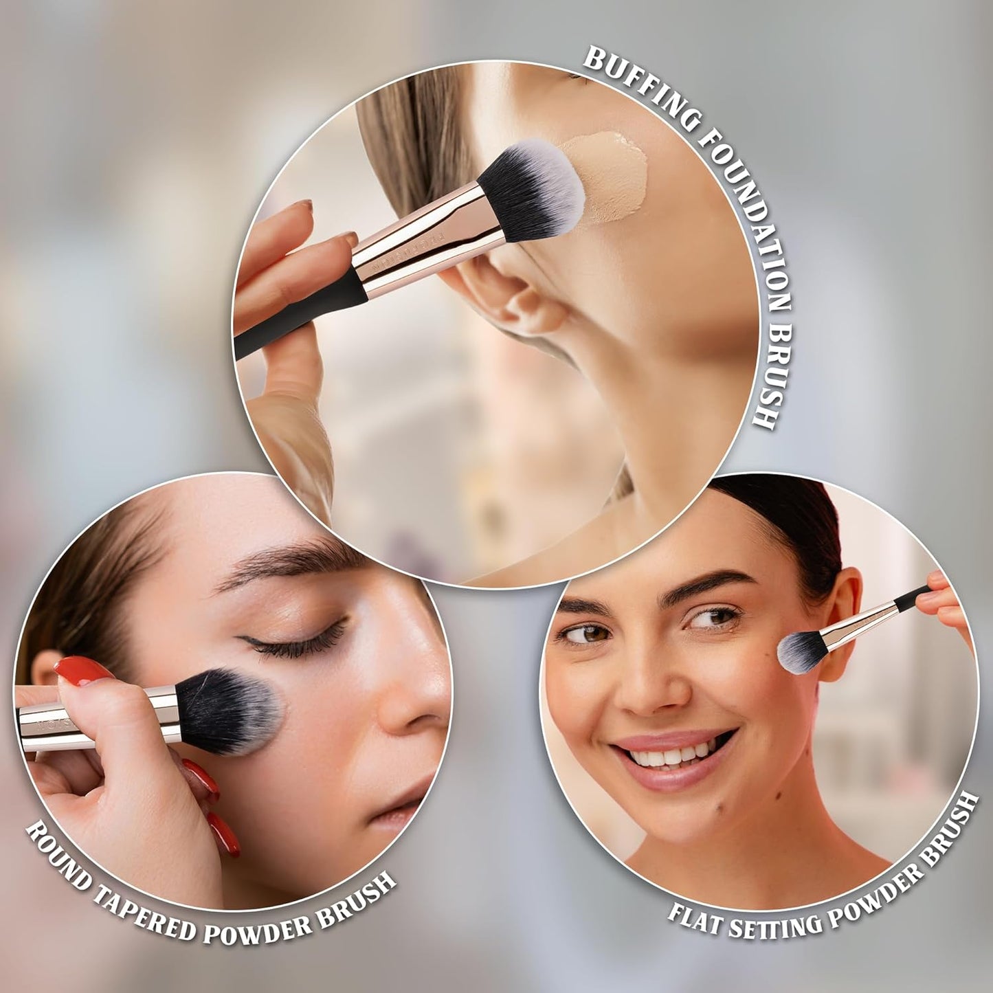 Profusion Cosmetics Face Brush Set - 3-Piece Vegan Makeup Tools for Foundation, Powder & Setting