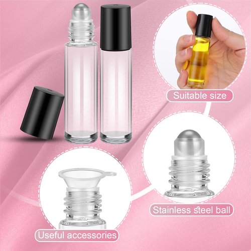 SEEWEY 96 Pcs Essential Oil Roller Bottles 10ml Empty Glass Roller Bottles with Stainless Steel Roller Balls Protection Leakproof with 5 Funnel for Travel Perfume Lip Gloss (Clear, Black Lid)