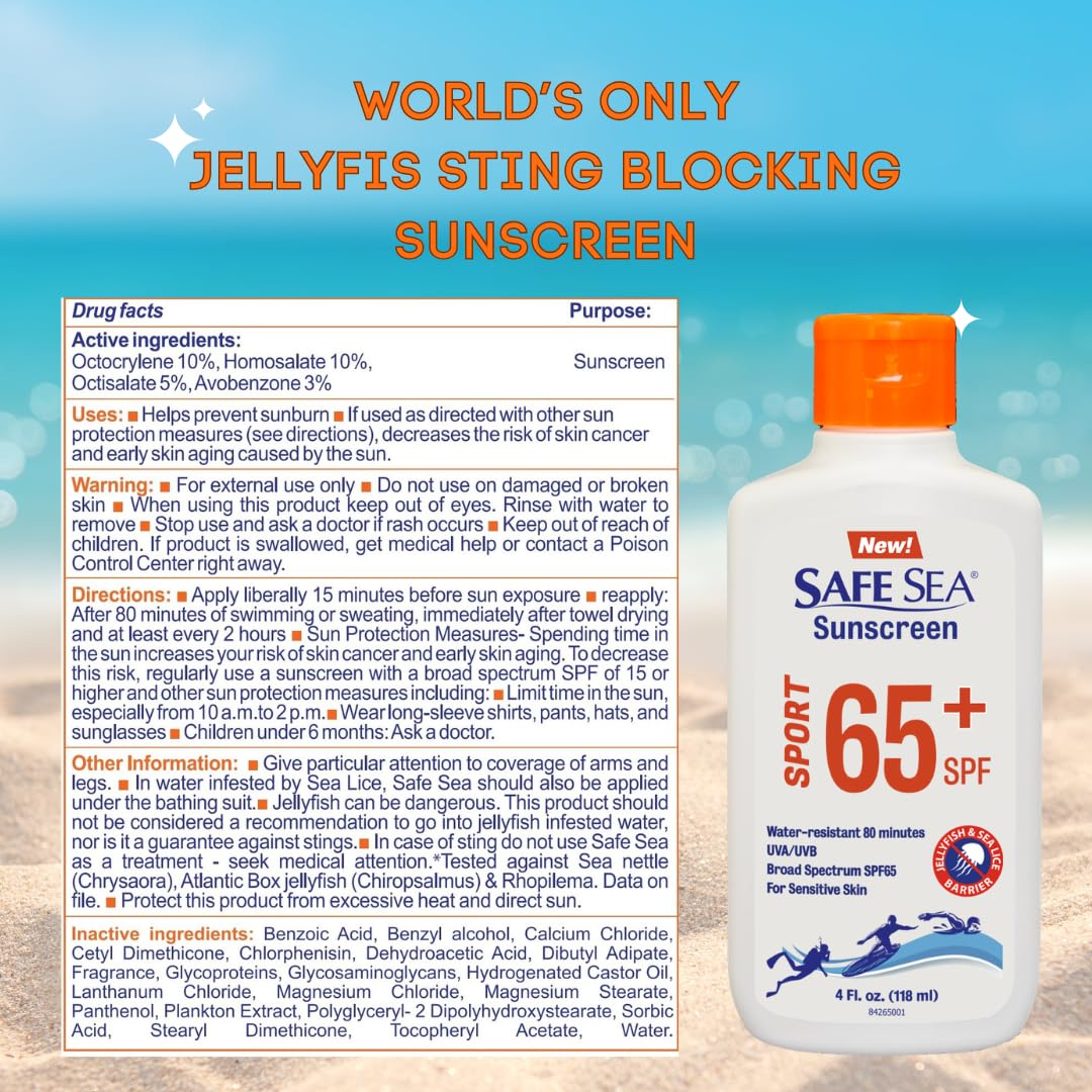 Safe Sea SPF 65+ Sport Sunscreen Lotion 4oz, Jellyfish and Sea-Lice Sting Protection, Super Water and Sweat resistant, Biodegradable, Easy to apply. 4Oz (118ml), Pack of 2