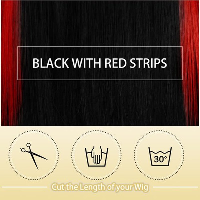 SOFEIYAN Long Straight Wig with Bangs Black with Red Strips Synthetic Hair Replacement Wigs Heat Resistant Full Wig for Women Girls 26 inches