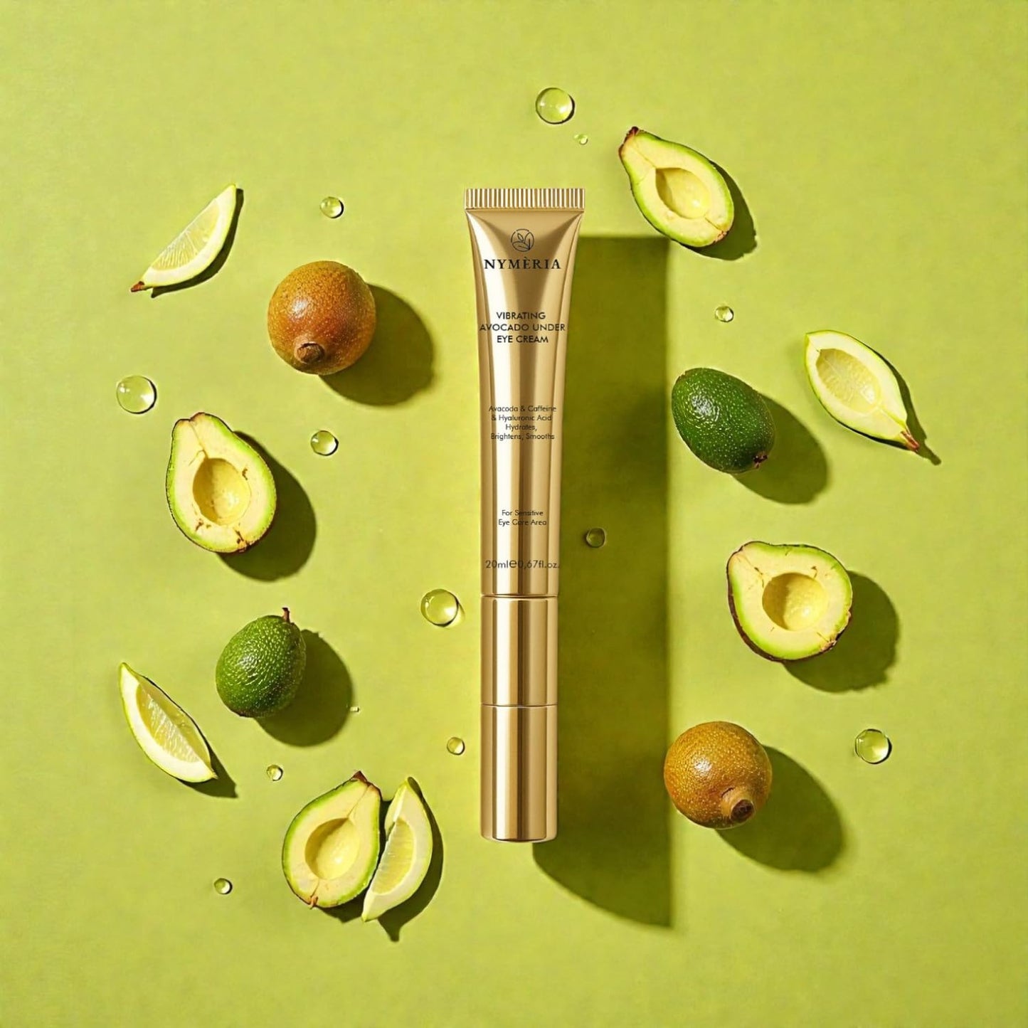 NYMERIA Vibrating Avocado Under Eye Cream – Cooling Metal Tip Eye Cream with Caffeine & Hyaluronic Acid, Brightening & Hydrating Formula for Puffiness, Dark Circles & Fine Lines, 0.67 fl oz / 20 ml