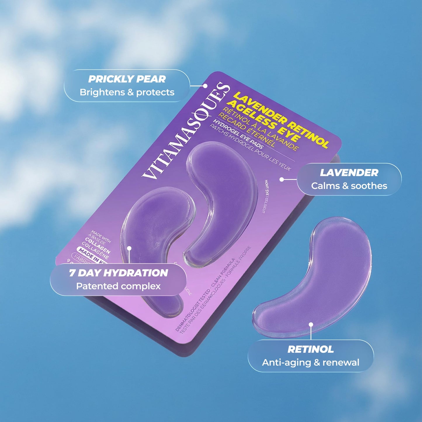 Vitamasques Lavender Retinol Anti Aging Hydrogel Eye Patches for Puffy Eyes and Dark Circles - Under Eye Mask with Collagen Patches for Wrinkles | Korean Skincare Brightening Eye Pads 3 Pack