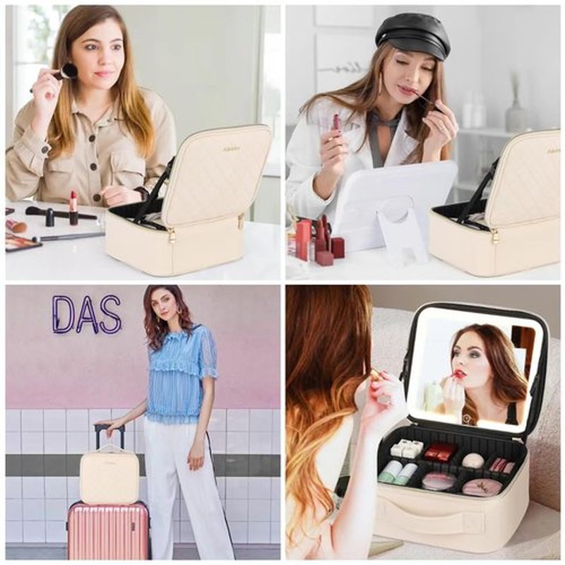 Aiborke Travel Makeup Bag with Led Mirror Make up Case with Lighted Mirror Cosmetic Organizer bag with Adjustable Dividers and 5X Magnifying Mirror Makeup Box Organizer Vanity Case for Women (Beige)