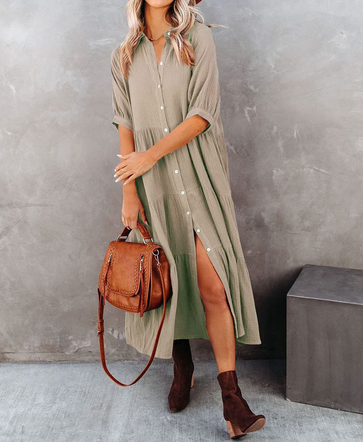 R.Vivimos Women's Summer Cotton Half Sleeves Button Down Casual Loose Slit Midi Dress with Pockets (Small, Khaki)