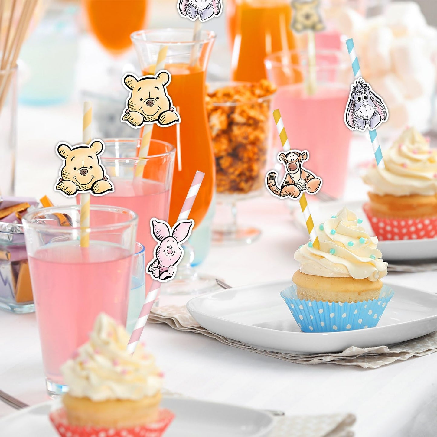 40 Pcs Winnie Baby Shower Decorations, Pooh Party Decorations, The Pooh Baby Shower Decor, Winnie Striped Paper Straws Disposable Drinking Straws, Bear Straws for Wedding Birthday New Year Party