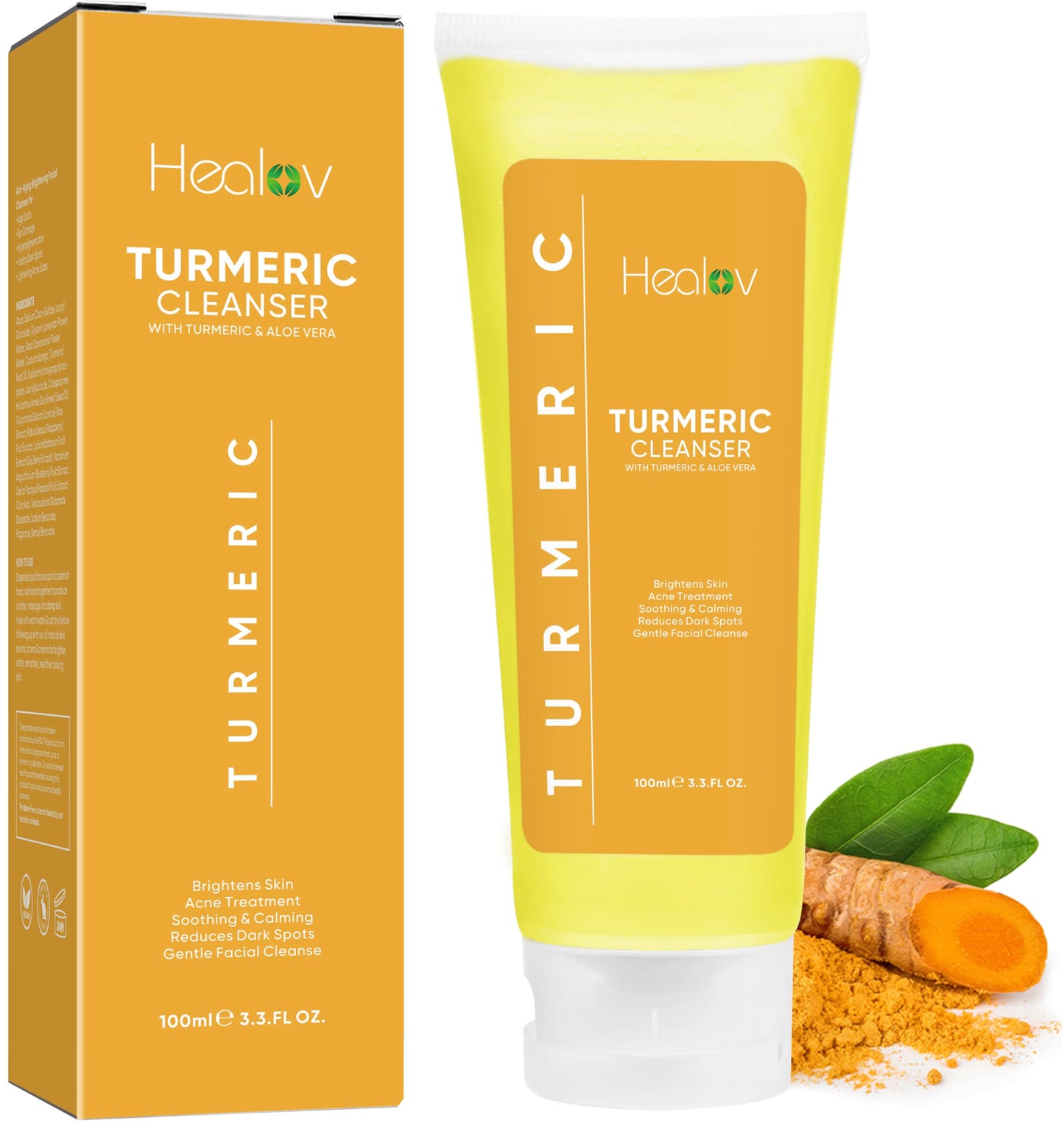 Healov Turmeric Face Wash, Turmeric Clear Skin Liquid Soap – 100% Natural Anti Aging Exfoliating Facial Cleanser for Spots, Clearing Acne Scars, Age Spots, Sun Damage, Discoloration – Bath Soap