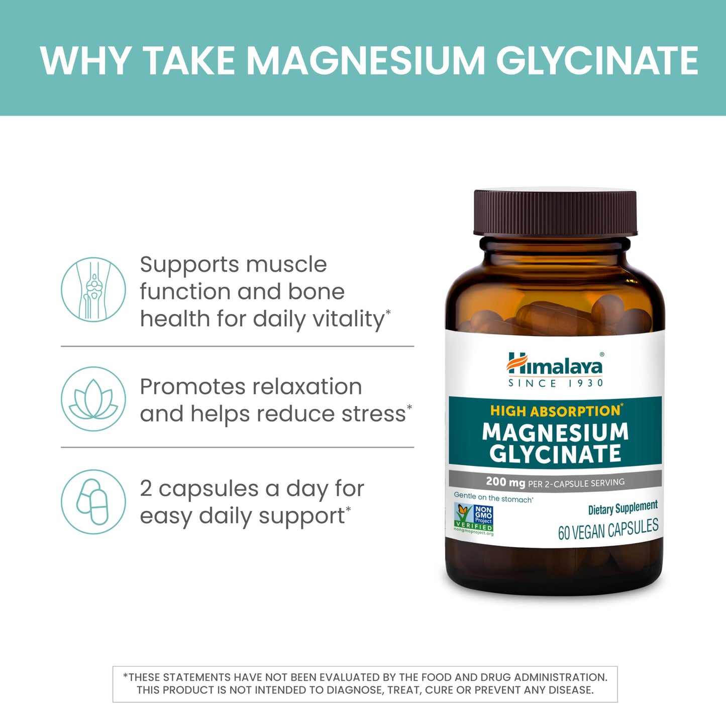 Himalaya Magnesium Glycinate 200mg, 60 Vegan Capsules – High Absorption Supplement for Muscle, Bone Health, Sleep & Relaxation, Chelated, Third-Party Tested, Non-GMO, Gluten-Free