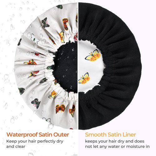 Shower Cap for Women Terry Lined Bath Cap Large Reusable Waterproof Elastic Band Butterfly Shower Caps for Long Thick Hair Soft Bath Shower Hair Caps