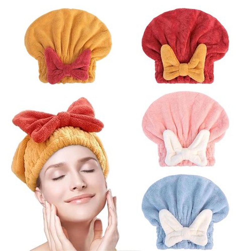 GDSAFS New Super Absorbent Hair Towel Wrap for Wet Hair, Hair Quick Drying Microfiber, Efficient Hair Drying Towel for Women with Bow-Knot, for Women with Long and Thick Hair (4pcs)