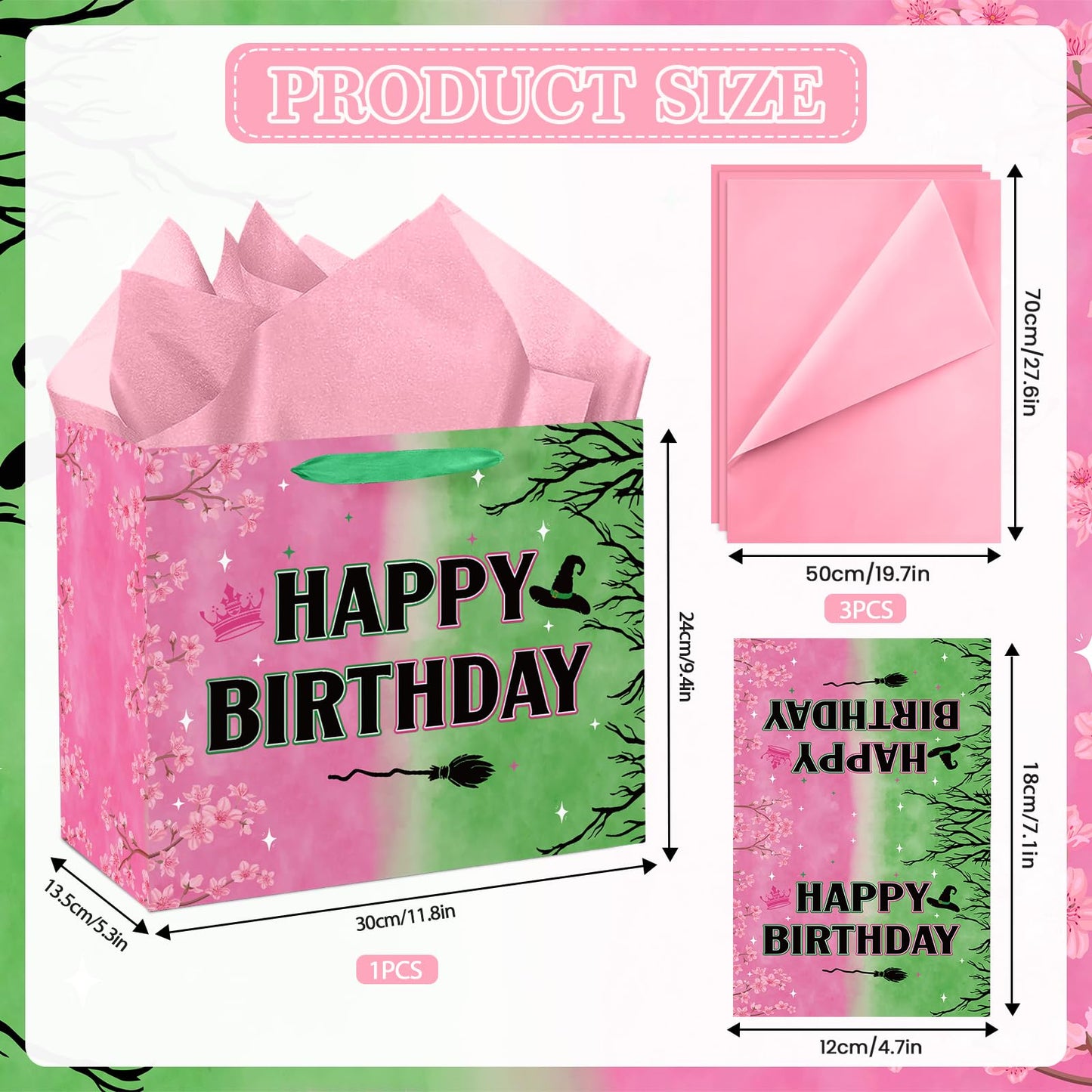 aqwithaj Witch Birthday Gift Bag for Girl Pink And Green Birthday Bag with Wrapping Paper and Greeting Card Musical Witch Hat Crown Movie Theme Paper Bags Gift Box for Friendship Bday Party Supplies