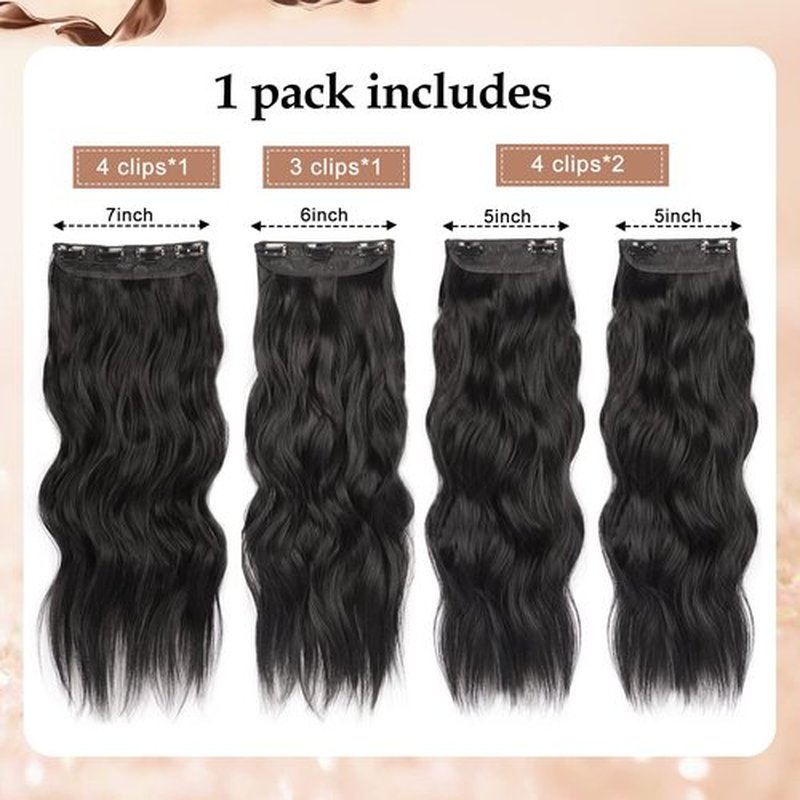 20inch Black Hair Extension for Women 4PCS Thick Hairpieces Natural Synthetic Clip in Hair Extension Double Weft Long Wavy Hair Extensions Clip Ins Hairpicecs (20INCH, 1B)