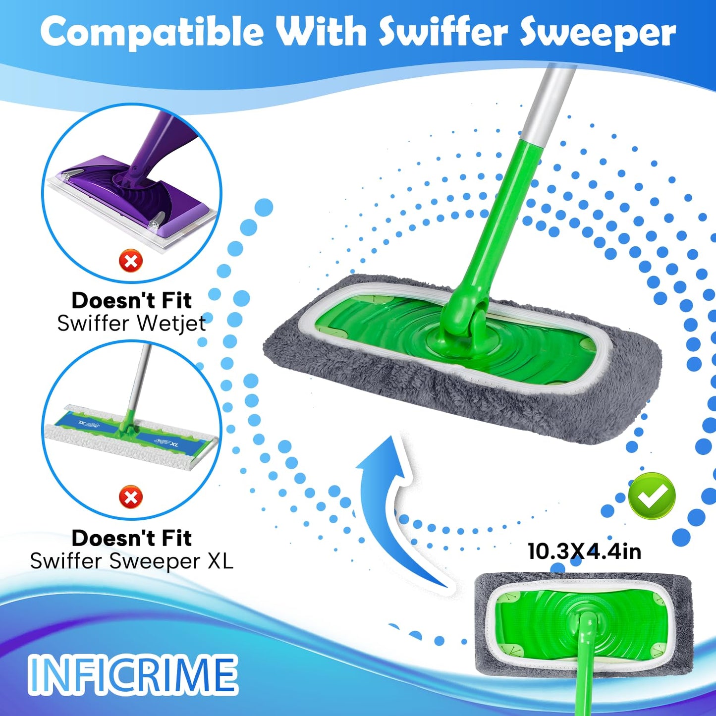 INFICRIME 6 Pack Reusable Microfiber Mop Pads Compatible with Swiffer Sweeper Mop, Dry Sweeping Cloths & Wet Mopping Cloths, Washable Mop Pads for Surface/Hardwood Floor Cleaning (Mop is Not Included)
