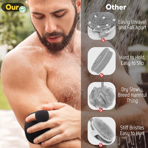 Silicone Body Scrubber for Men, New Upgrade Richer Foam and Effective Cleaning, Premium Silicone Scrubber with Ergonomic No-Slip Handle, Long-Lasting & Easy to Clean, Body Exfoliator Scrubber （Green）