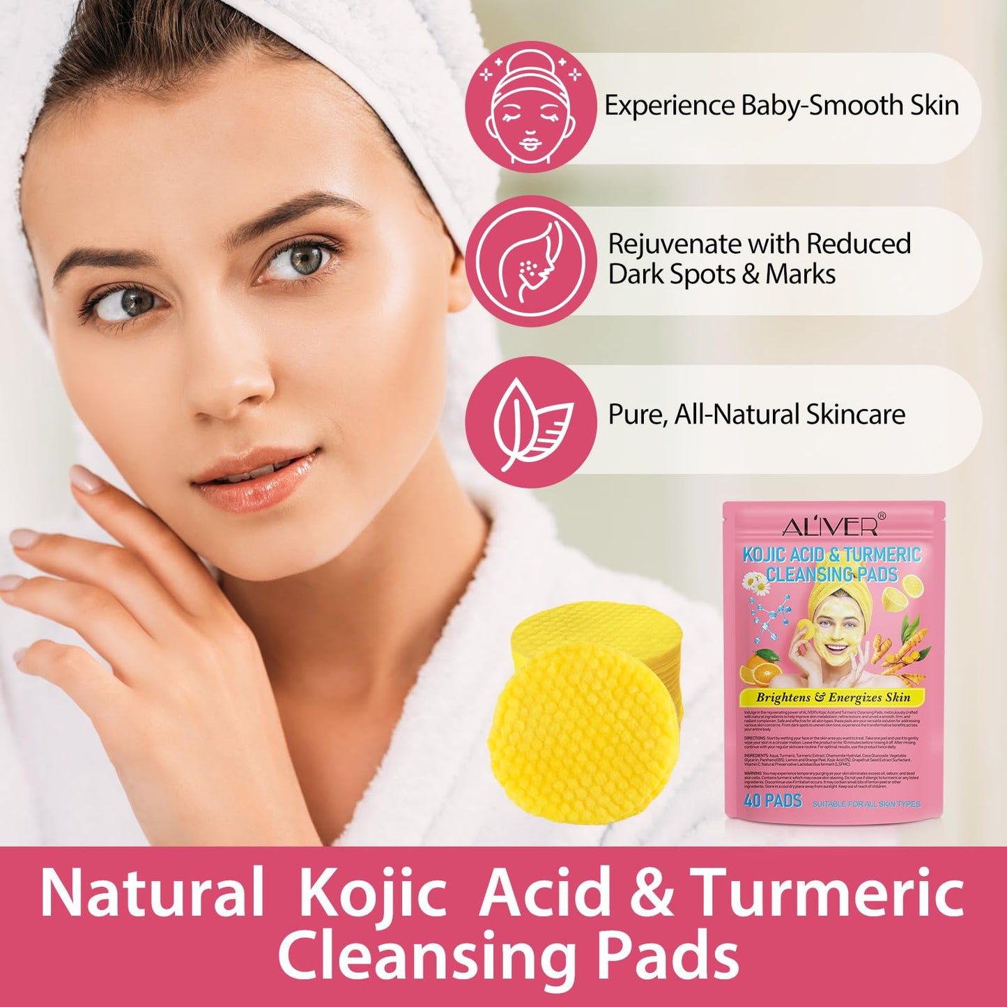 Tooffi Turmeric Cleansing Pads for Face,40PCS Turmeric Kojic Acid Cleansing Pads,and Body with Vitamin B5 Vitamin C for Body's Skin