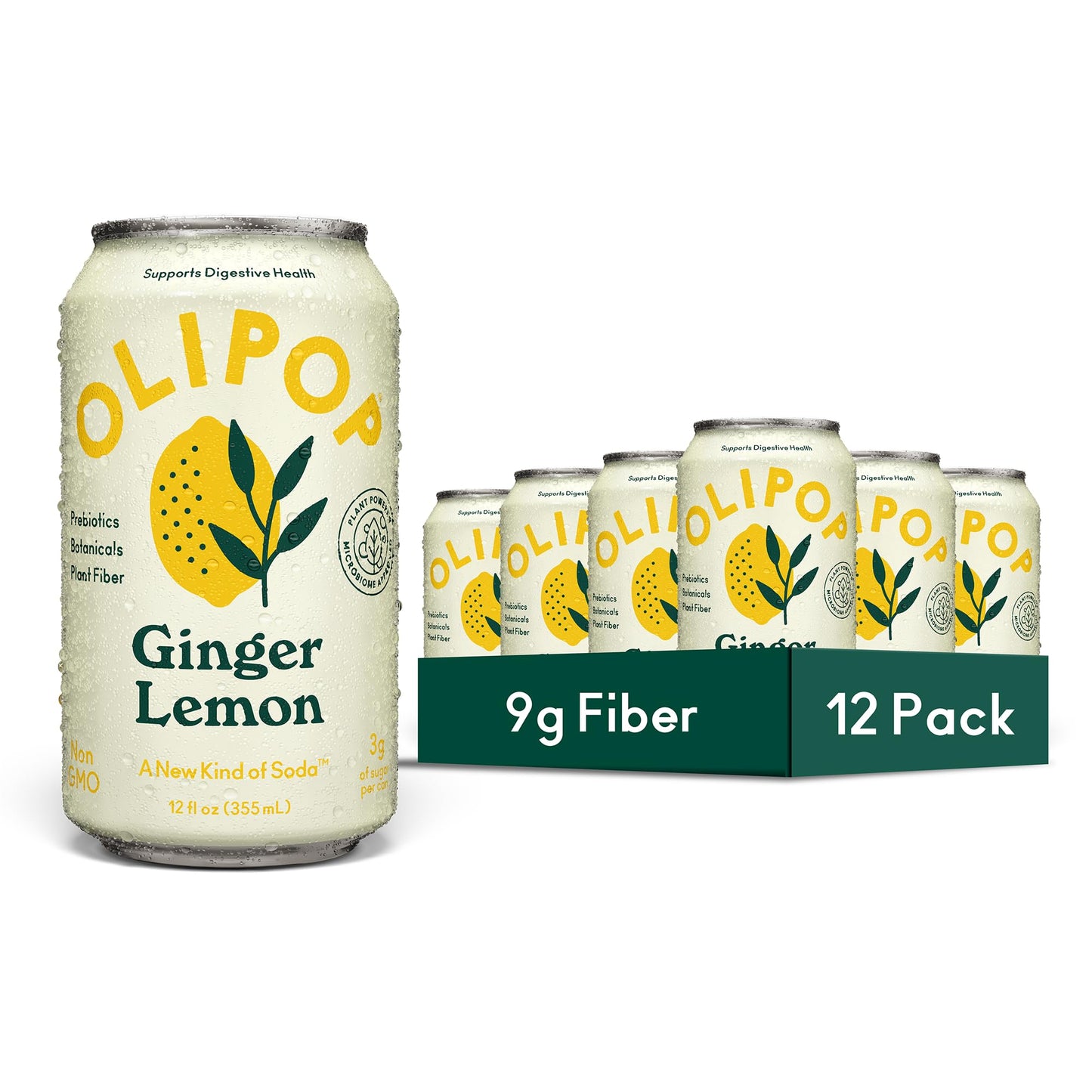 OLIPOP Prebiotic Soda Pop, Ginger Lemon, A New Kind of Soda Packed with Prebiotics, Fiber, and Botanicals, Gluten Free, GMO Free, 12oz (12-Cans)