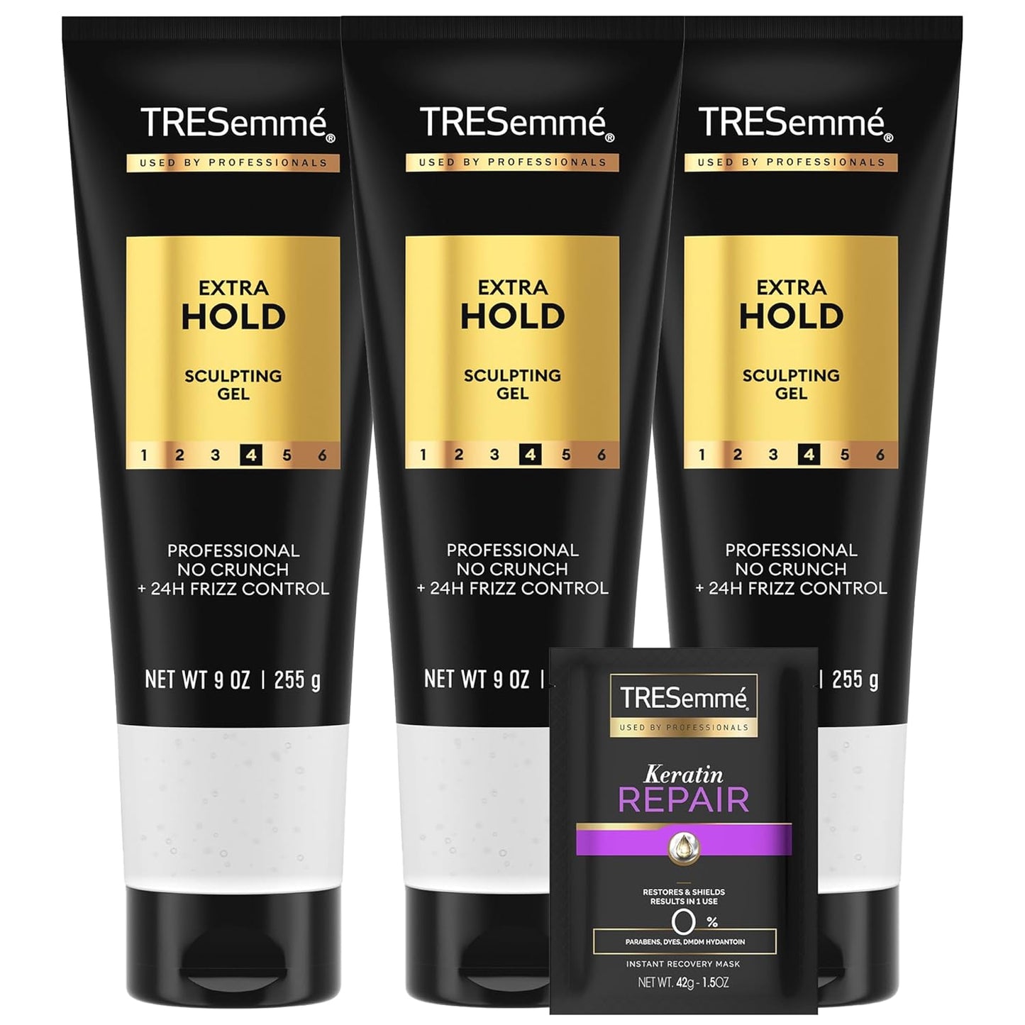TRESemmé Hair Gel, Sculpting, Extra Hold, 3-Pack + Keratin Repair Instant Recovery Mask – Frizz Control, Professional Quality Styling Products, Alcohol-Free