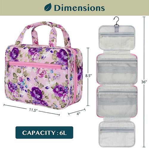 PAVILIA Hanging Toiletry Bag Travel Bag Women Men, Foldable Cosmetic Organizer, Roll up Makeup Bag, Water Resistant Accessories Toiletries, Large Travel Essentials Kit (Purple Floral)