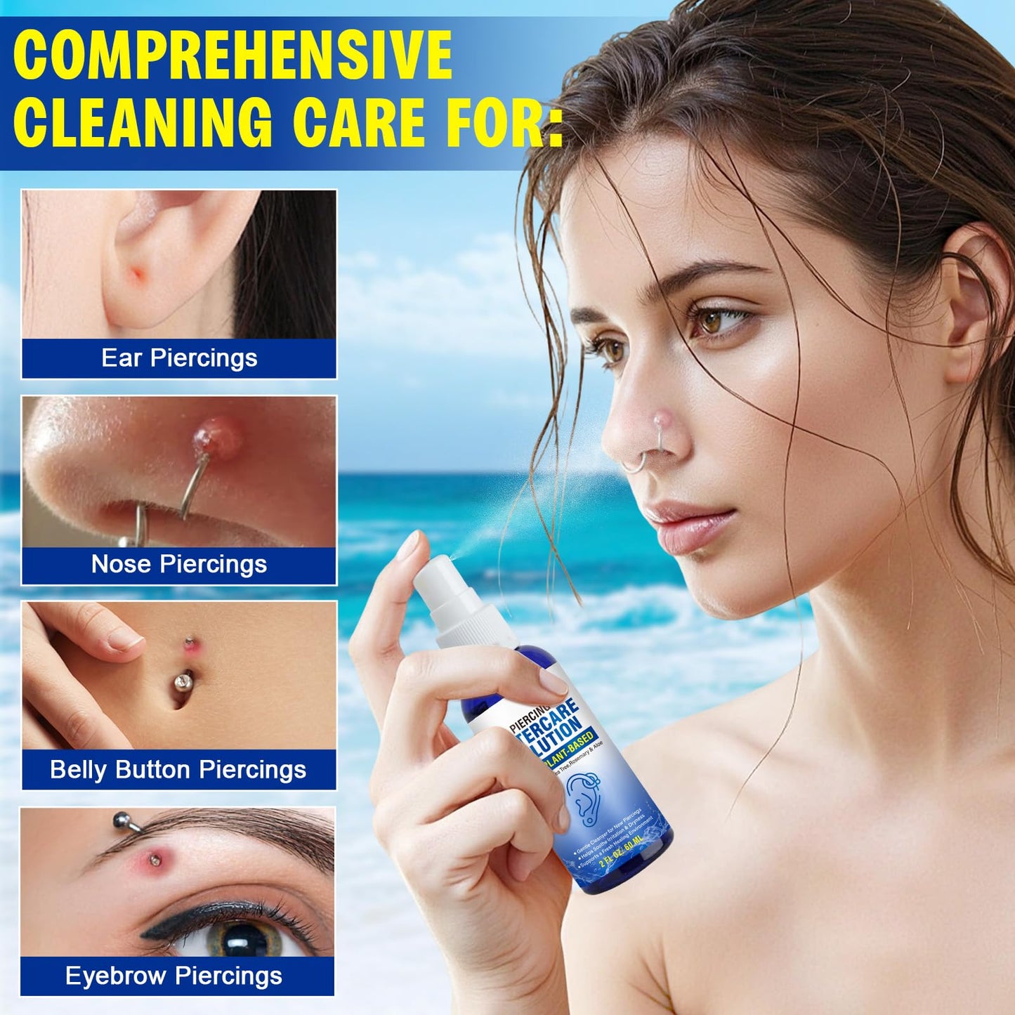 Piercing Aftercare Spray, Piercing Aftercare Solution, Sea Salt Spray for Body and Facial Piercings, Ear, Nose, Navel, Oral & Body Piercing Cleaner, Fine Mist 2 Fl Oz