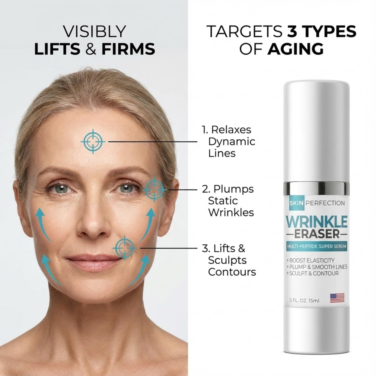 Wrinkle Eraser Supercharged Anti-Aging Peptide Serum Visibly Lifts Firms Hyaluronic Acid Argireline Snap 8 Matrixyl 3000 Edelweiss Inyline Pepha TIght Syn-Ake Juveleven Uplevity Skin Perfection