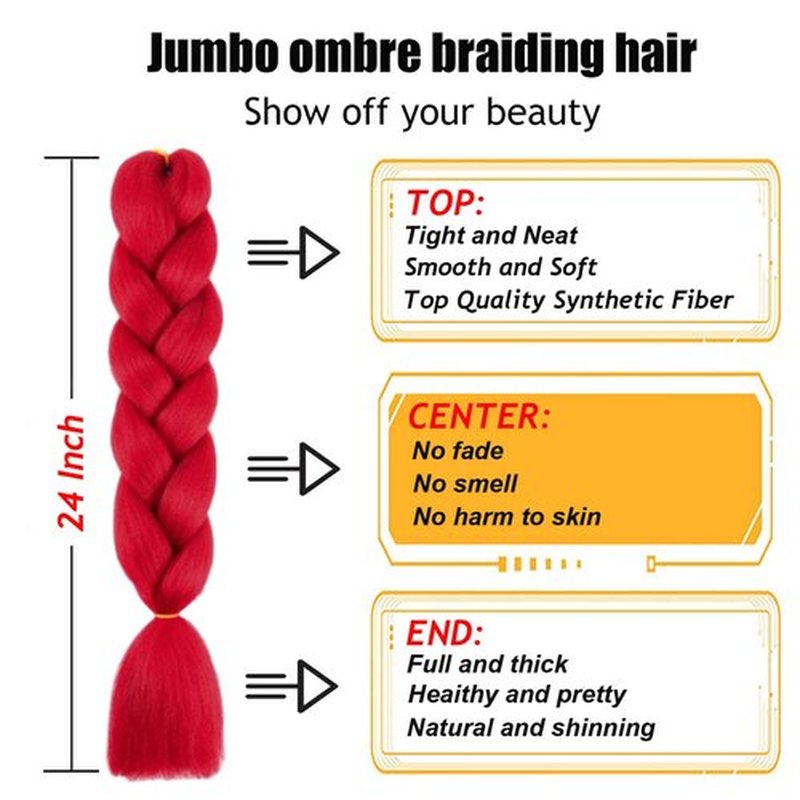 TENGSHUO FLY Red Braiding Hair 6 Packs Synthetic Braid Hair Extensions Jumbo Ombre Braiding Hair 24 Inch or Box Braids Twist Crochet Braids(24"6Pack,Red)