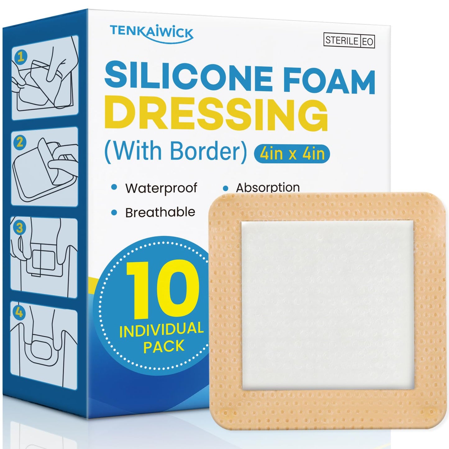 10 Pack Silicone Foam Dressing 4"x4" with Adhesive Border, High Absorbency Silicone Bandages, Waterproof Foam Bandages for Wounds Care, Bed Sore, Diabetic Foot Ulcers