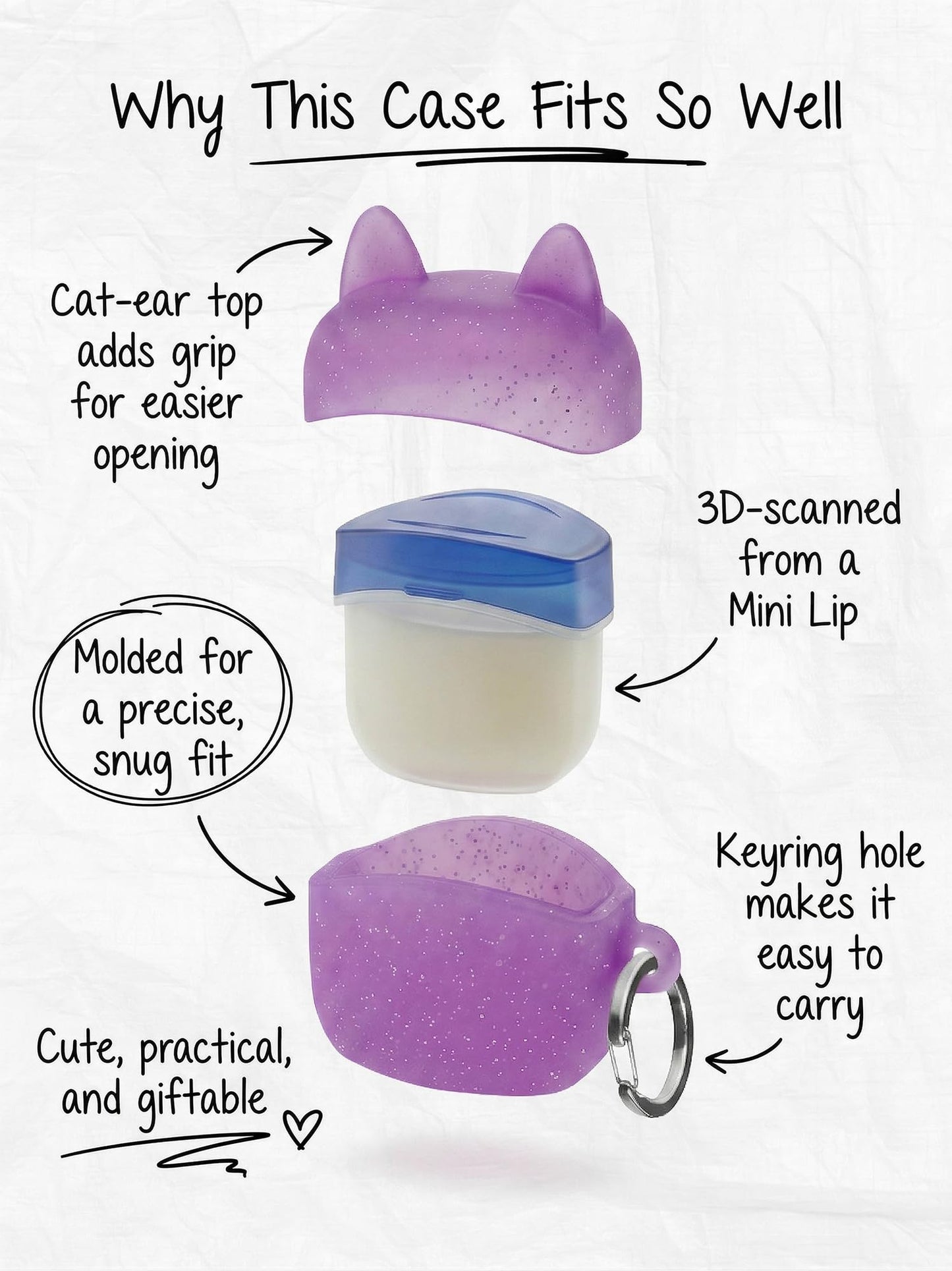 Cute Cat Silicone Case for Vaseline Lip Therapy Mini 0.25oz, Portable Keychain for Backpack & Car Keys, Easy-Grip Anti-Loss Sleeve, Stocking Stuffer & Party Favor Gift (Case Only) (Cat, Purple)