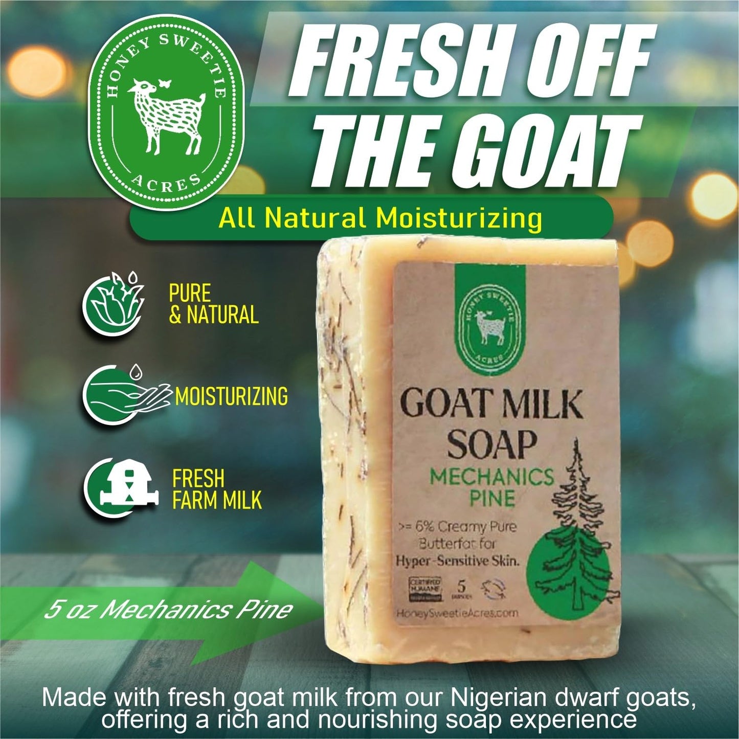Honey Sweetie Acres Pine Needle Goat Milk Soap - Handmade 5 oz Bar, Made with Natural Ingredients, Moisturizing & Gentle, Made in the USA