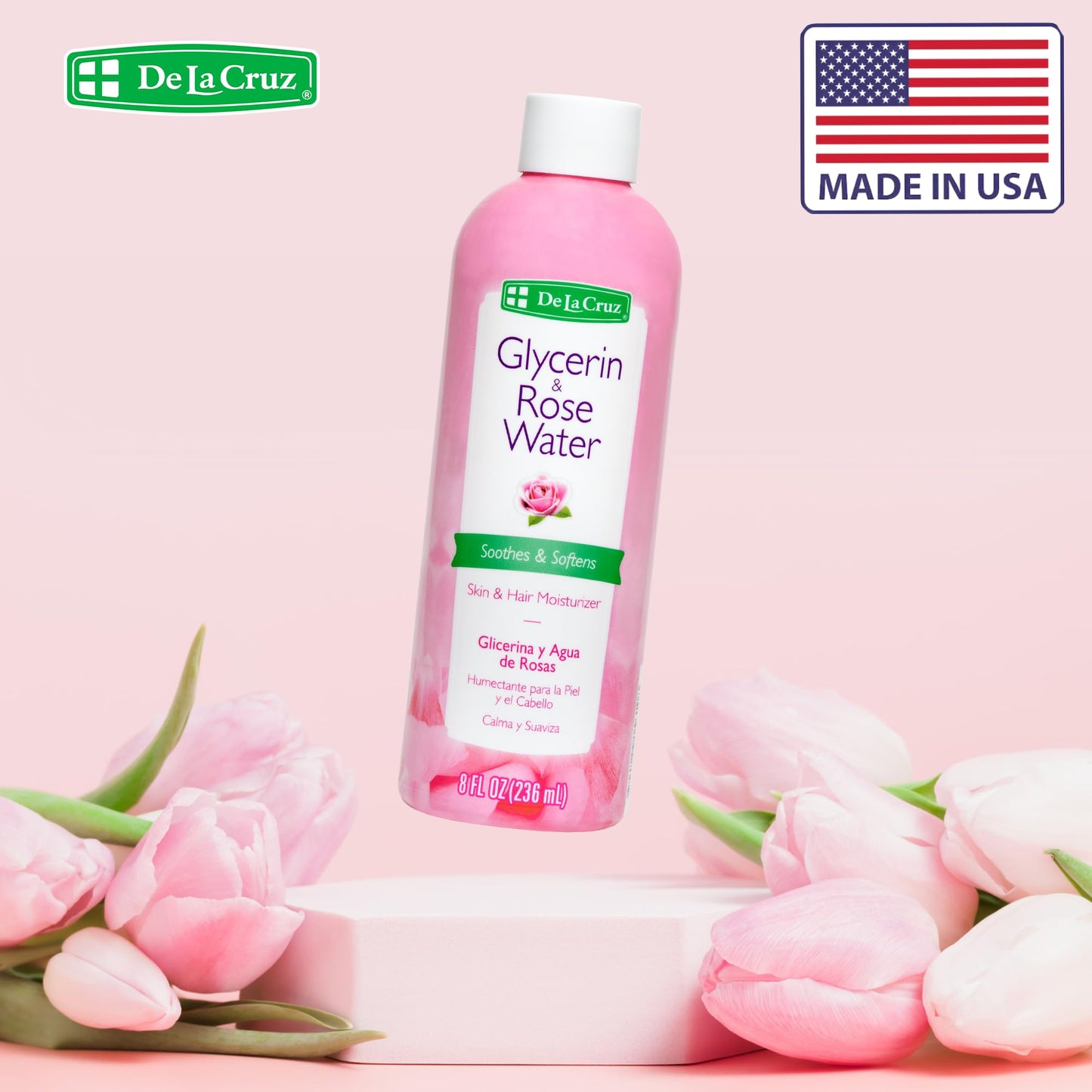 De La Cruz Rose Water and Glycerin for Face - Rosewater Facial Toner and Moisturizer for Skin and Hair 8 fl oz (236 mL) - 3 Bottles