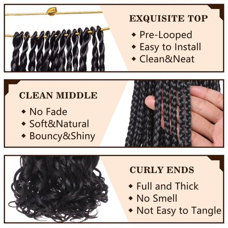 COOKOO 18 Inch 9 Pack (15 Strands/PCS) Pre Looped French Curly Box Braids Crochet Hair Natural Black French Curl Braiding Hair with Curly Wavy Ends Bouncy Loose Wave Crochet Box Braids for Women 1B#
