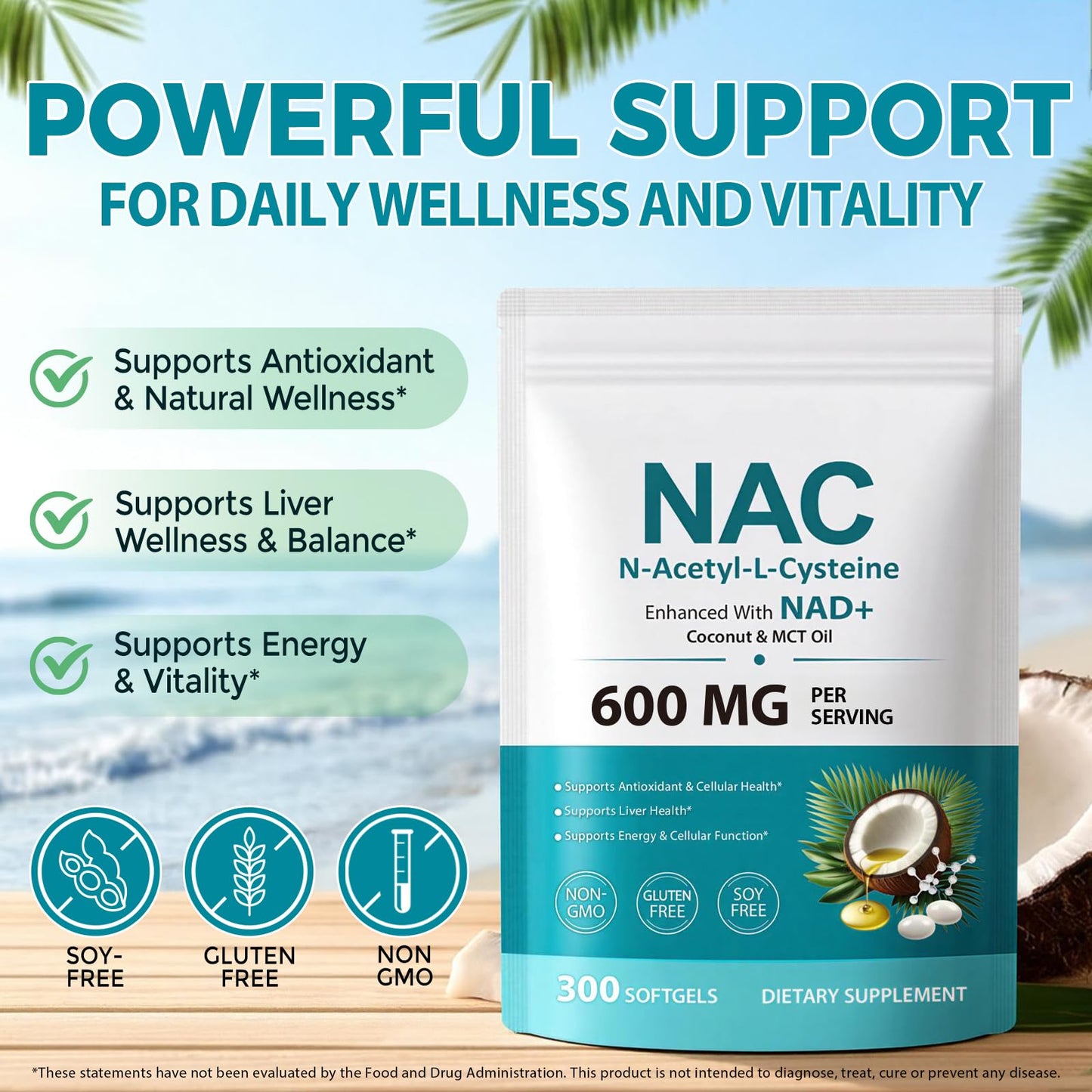 FANSHI NAC Complex with NAD+ & MCT Oil - 300 Softgels | N-Acetyl Cysteine Botanical Blend for Antioxidant Support | Enriched with Coconut Oil for High Absorption | Non-GMO & Lab Tested