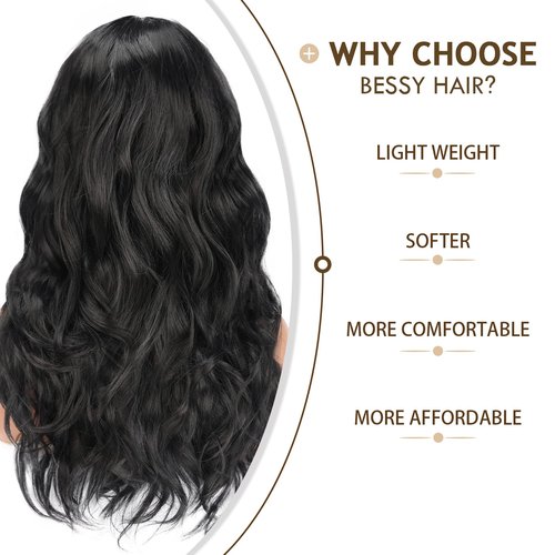 BESSY HAIR Long Black Wig With Bangs Curly Wavy Wigs for Women Natural Looking Synthetic Wig Daily Party Cosplay Use