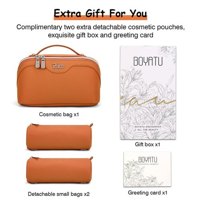 Travel Makeup Bags Cosmetic Organizer Bag: 3-Set Large Capacity Make up Bag - PU Leather Toiletry Bag for Women - Wide Open Portable Pouch with Divider & Handle (09-Orange brown)