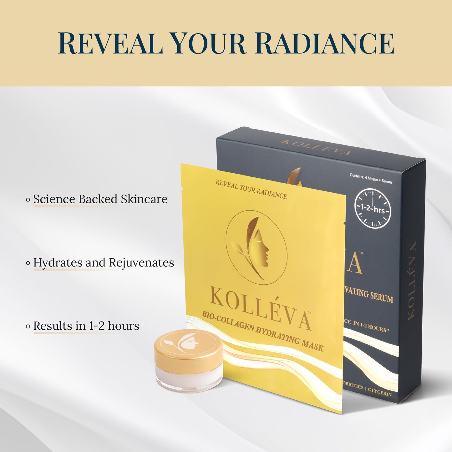 Kolléva Bio-Collagen Hydrogel Face Masks - Instant 2-Hour Radiant Glow & Deep Hydration, Clinical-Grade Anti-Aging - 4 Pack with Activating Serum, USA Innovation