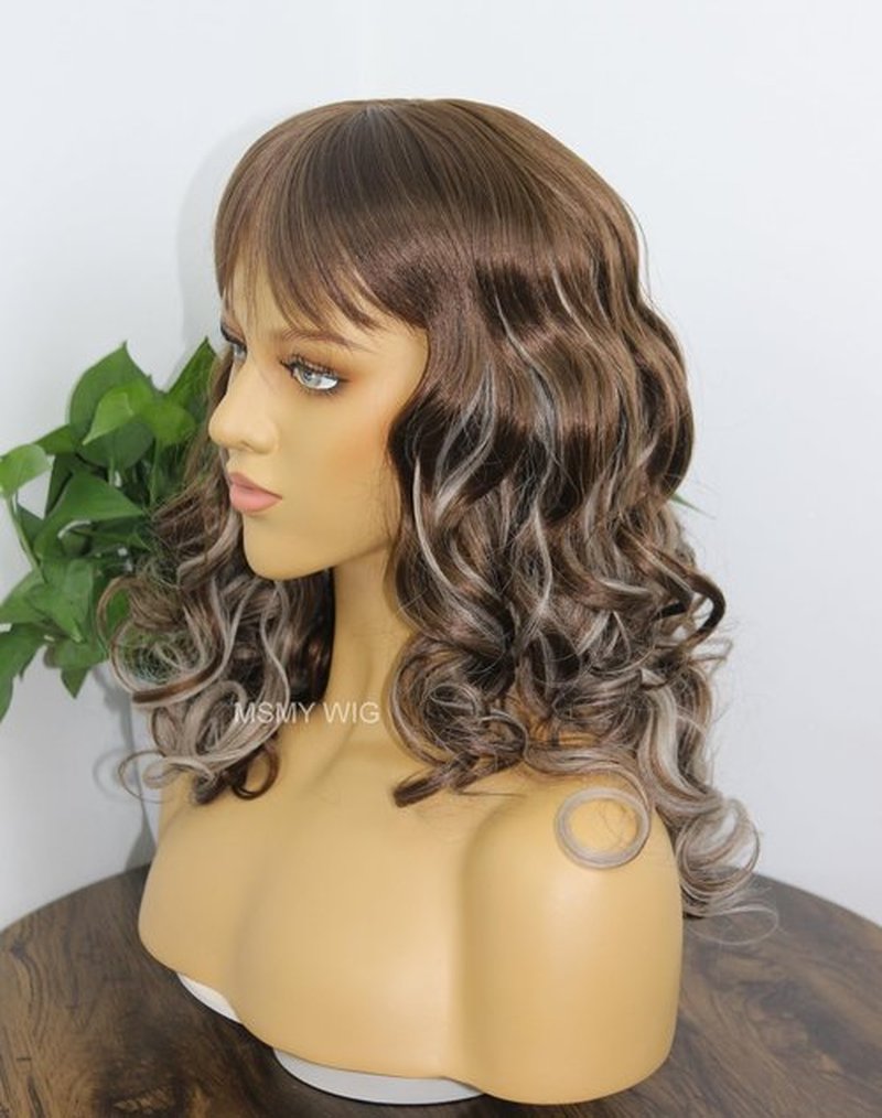 MSMYRNS Platinum Blonde Highlights Dark Brown Synthetic Wig With Bangs Glueless No Lace Fringe Unit Kinks Culry Heat Resistant Full Wig African Yaki Texture Girls Women Beauty Quick Wig