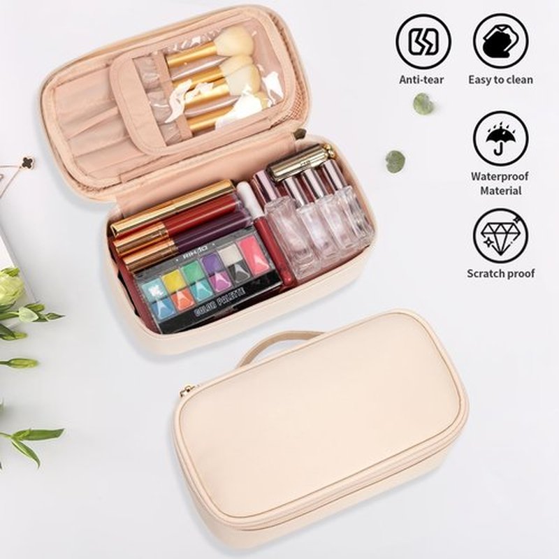 OCHEAL Small Makeup Bag,Portable Cute Travel Makeup Bag Pouch for Women Girls Makeup Brush Organizer Cosmetics Bags with Compartment-Beige