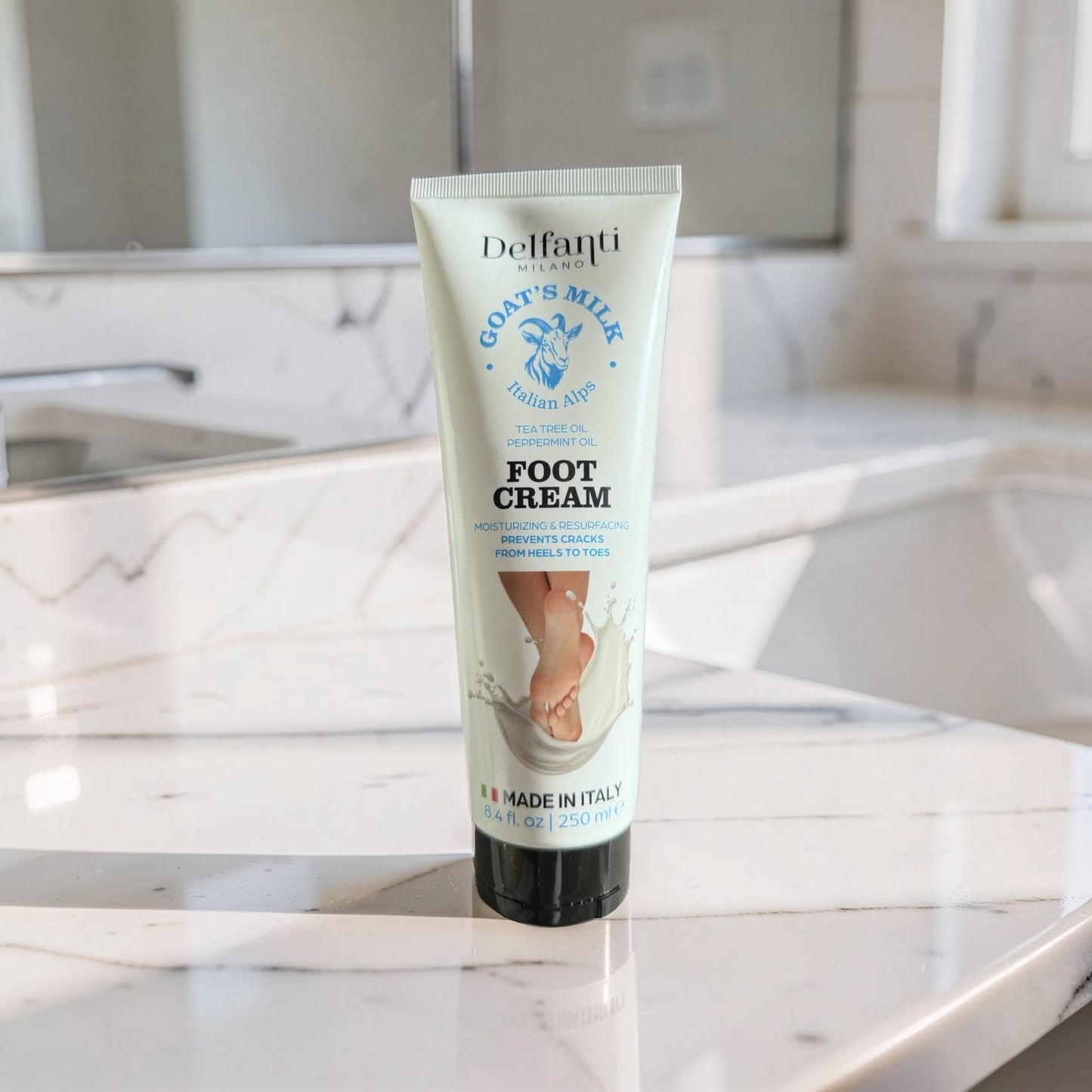 Delfanti-Milano - Goats Milk Moisturizing and Resurfaceing Foot Cream • Tea tree and Peppermint oils • 8.4 oz 250mL • Made in Italy